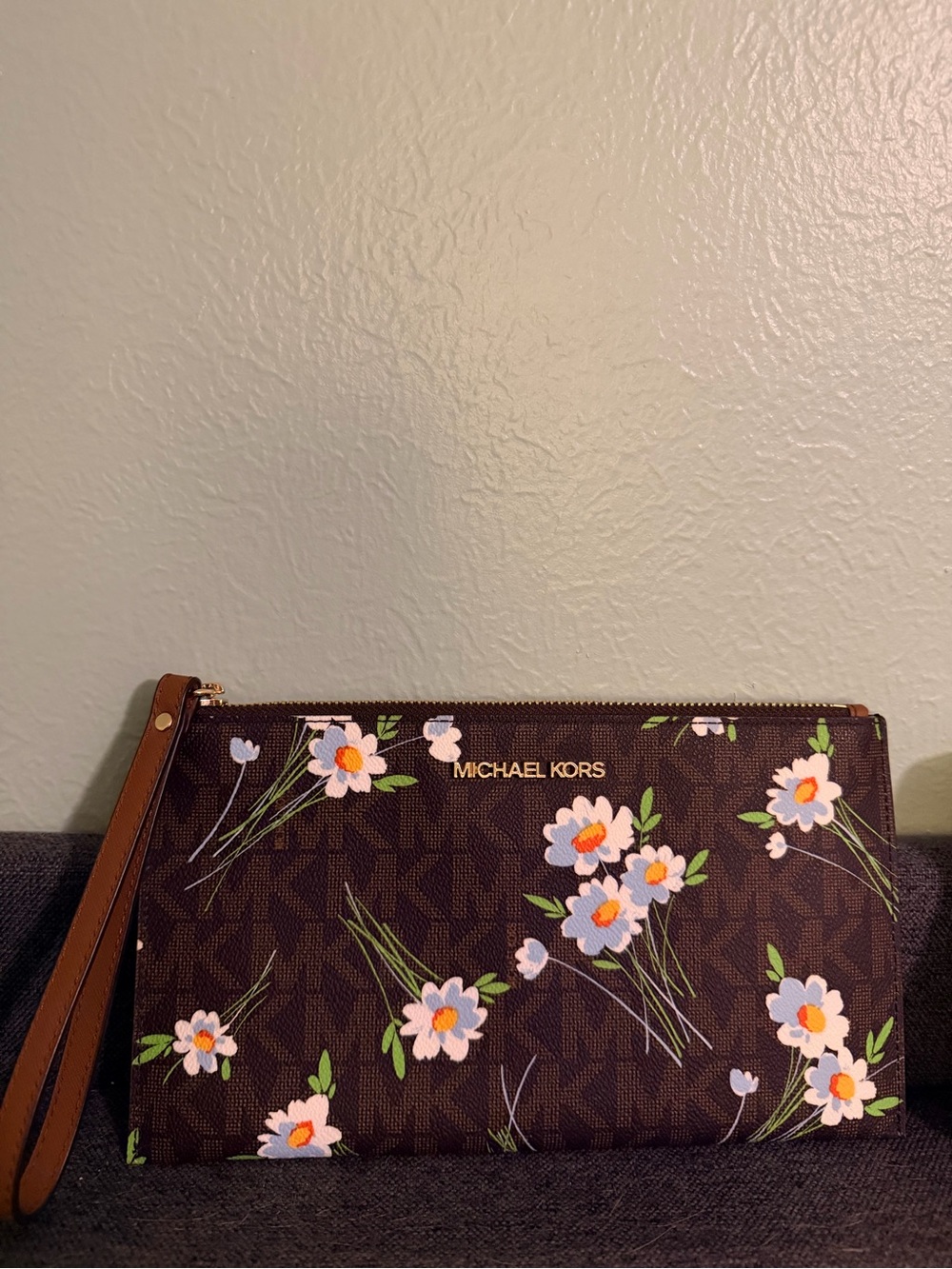 Michael Kors Brown Floral Logo Wristlet Clutch with Multicolor Flowers
